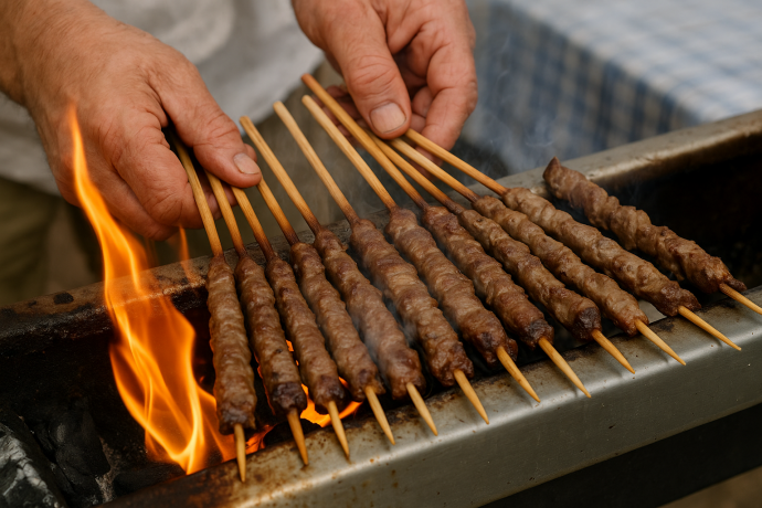 Arrosticini sulla griglia con fiamme e mani che li girano