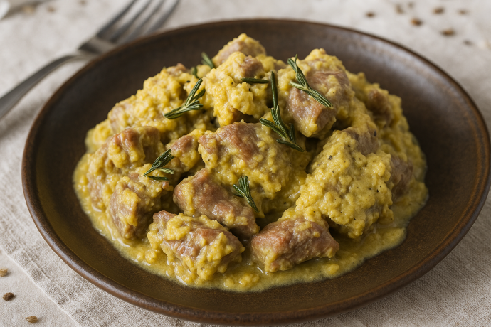 Agnello cacio e ova con salsa cremosa al pecorino e rosmarino su piatto rustico