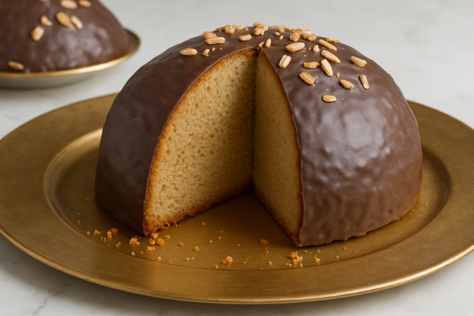 Parrozzo abruzzese con glassa al cioccolato e mandorle su piatto dorato