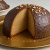 Parrozzo abruzzese con glassa al cioccolato e mandorle su piatto dorato