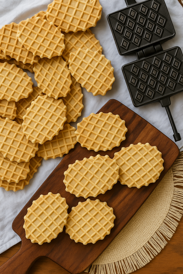 Ferratelle abruzzesi croccanti su tagliere con ferro tradizionale per la cottura