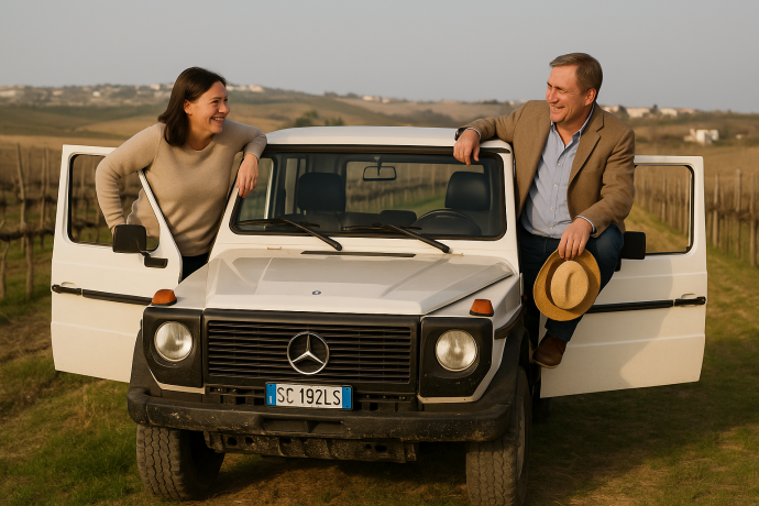 Coppia in jeep tra i vigneti durante il Safari Grand Tour e Degustazione in Abruzzo