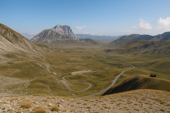 Panorama di Campo Imperatore con strade tortuose e montagne maestose