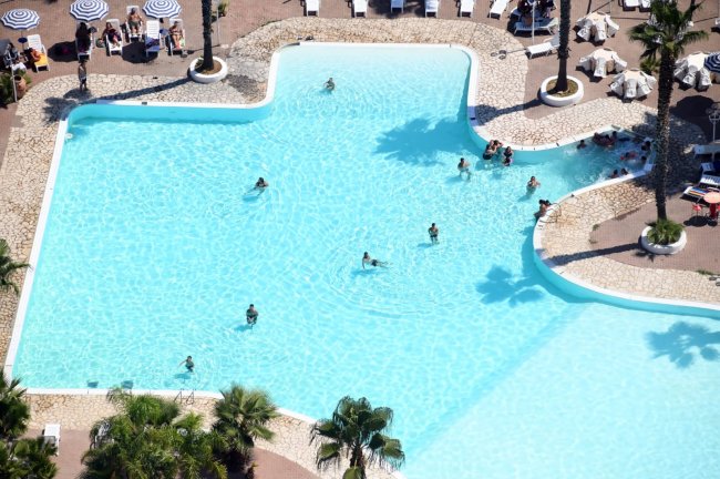 Piscina con persone che nuotano, circondata da pavimentazione e piante.