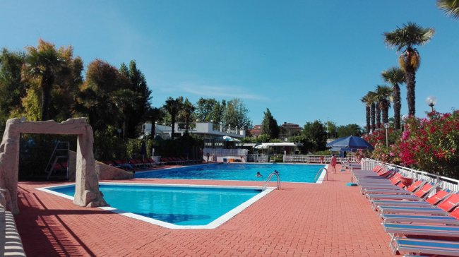 Piscina con lettini rossi e palme.