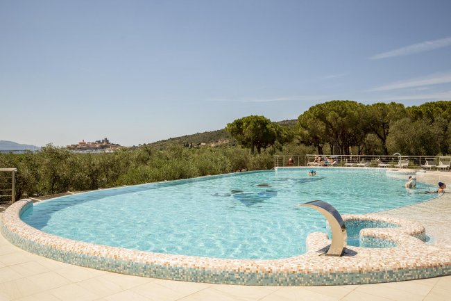 Una piscina a sfioro circondata da alberi, con colline sullo sfondo.