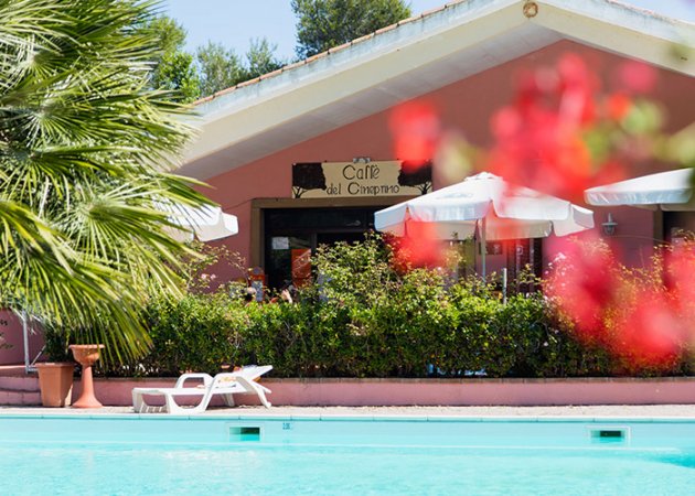 Piscina con sdraio di fronte al caffè color pesca, circondato da ombrelloni bianchi e piante.