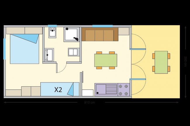 Piantina di una casa mobile con due letti e area giorno.