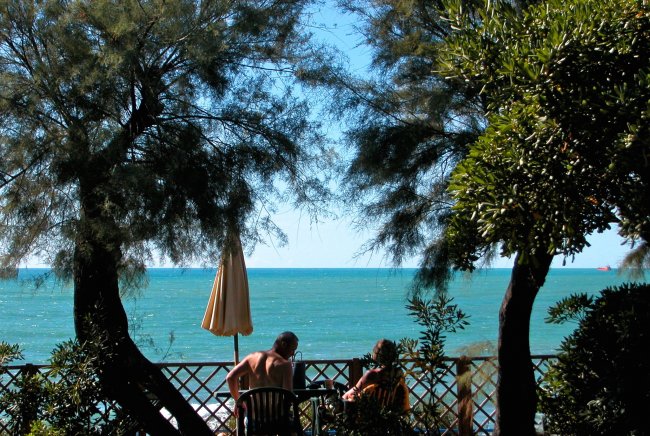 Due persone sedute a un tavolo all'aperto, con vista sul mare tra alberi ombrosi.