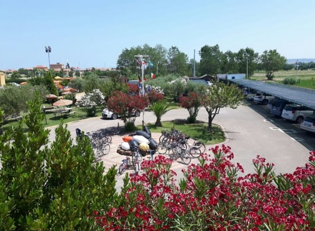 Parcheggio con biciclette e auto, circondato da alberi e fiori.