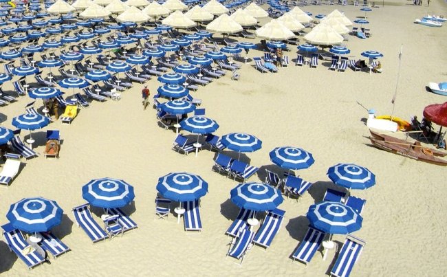 Spiaggia con ombrelloni e sedie a sdraio blu.