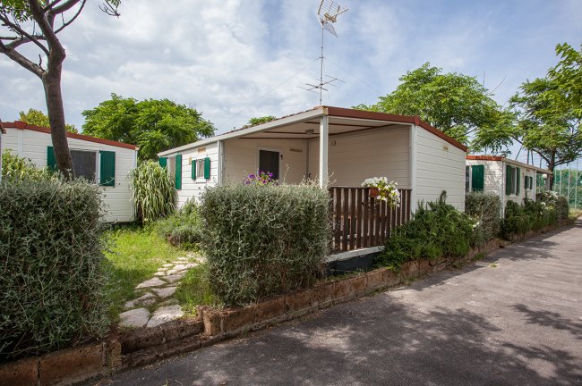 Un bungalow bianco con giardino e cespugli.